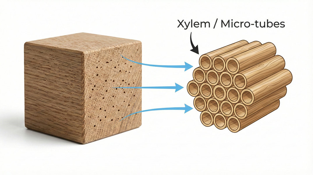 Scientific diagram of Wood Diffuser grain structure absorbing essential oils